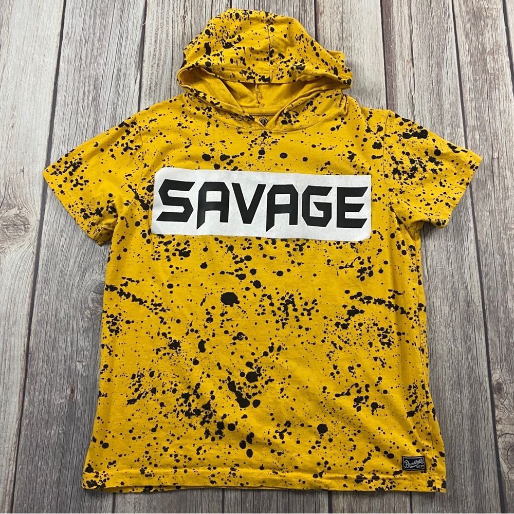Brooklyn's Best Savage Mens Small T Shirt Hoodie Yellow Short Sleeve.